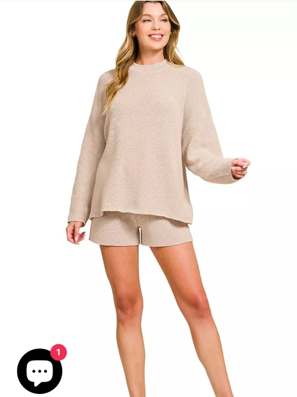 Zenana Round Neck Knit Top and Shorts Sweater Set in sand beige